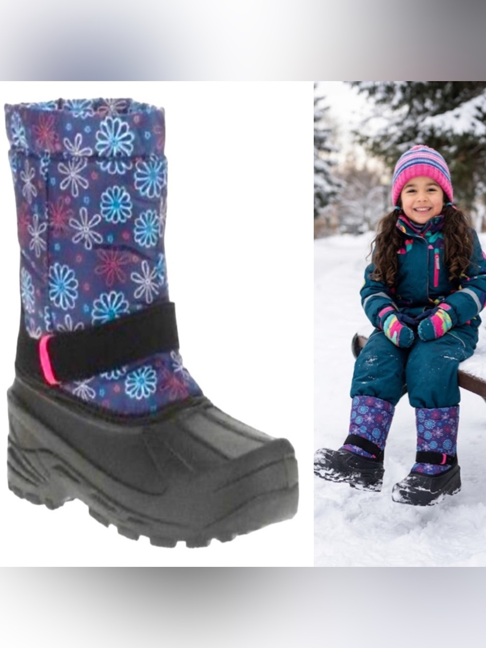 Ozark Trail insulated girls snow boots winter rubber rain size 1 navy floral